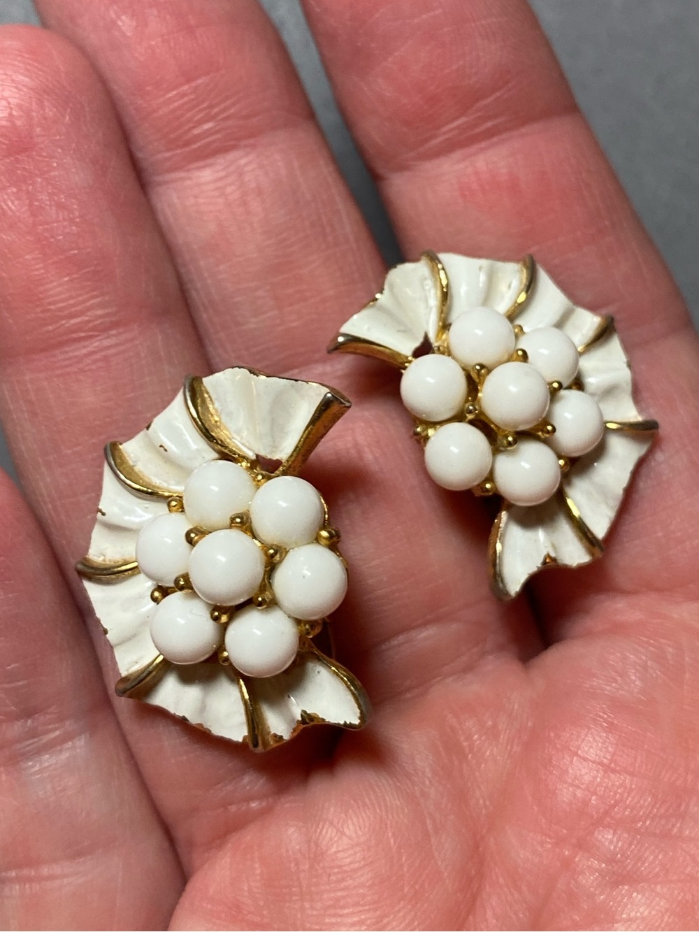 Vintage Trifari white gold cluster clip earrings